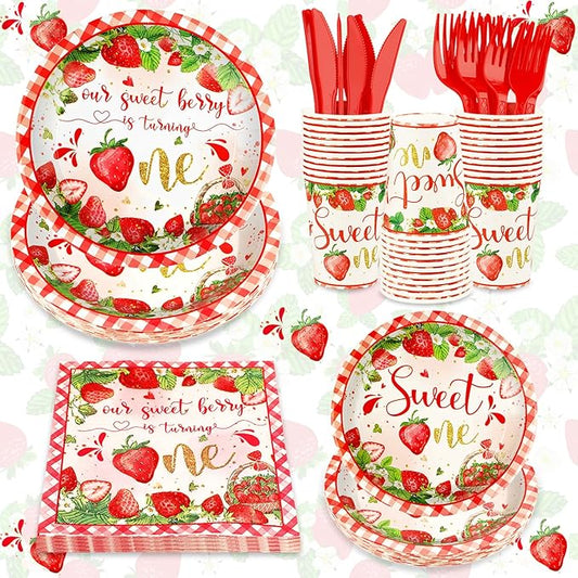120 PCS 1st Birthday Decor, A Berry Sweet Girl is Turning One Disposable Tableware for Bday Thanksgiving Christmas, Strawberry Sweet One Birthday Tableware Set Plates Napkins Cups Knives Forks for 20
