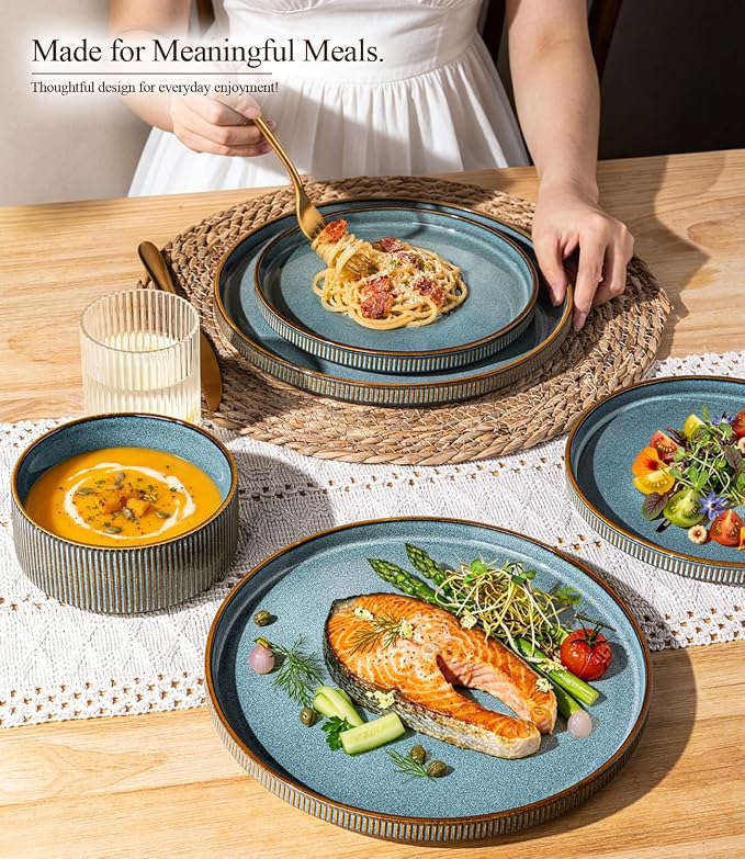 GBHOME 12-Piece Stoneware Dinnerware Set for 4 – Ribbed Ceramic Plates and Bowls, Scratch-Resistant, Microwave & Dishwasher Safe, Reactive Glaze-Space Blue