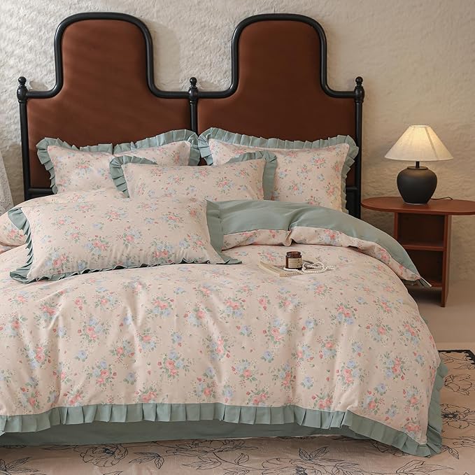 LifeTB Romantic Ruffle Floral Duvet Cover Queen 3 Pieces Flower Duvet Cover Girls Floral Comforter Cover 100% Cotton Princess Lace Bedding Cover Cottagecore Flower Comforter Cover with 2 Pillowcases