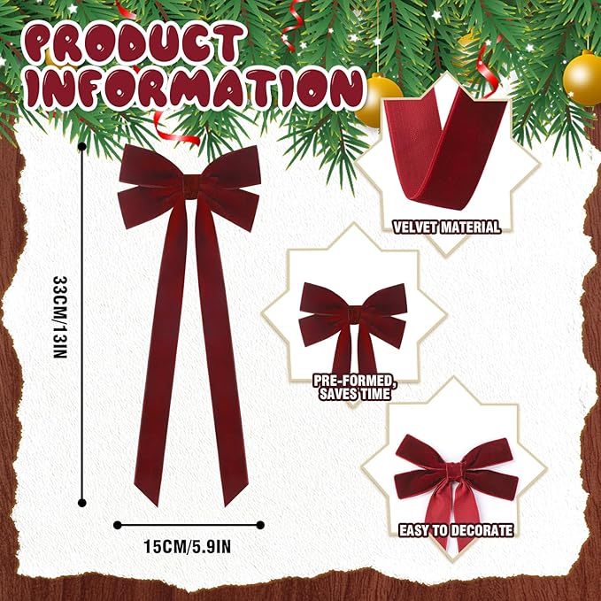 JOICEE 15Pcs Velvet Bows Christmas Tree Decorations, 5 x 12 Inch Wreath Bows Rustic Crafts Gift Ribbon Bow for Home Garland Decorations Birthday Party Wedding Holiday Decor(Burgundy)