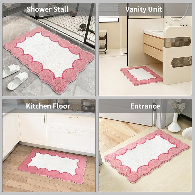Scalloped Pink Bathroom Rugs Mat,Non Slip Absorbent Quick Dry Bath Mats for Shower Room,Plush Microfiber Bath Mats for Bathroom Floor Washable Carpet for Shower Tub Sink Bedroom,20"x32"