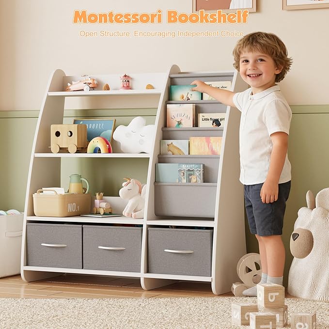 NACHES Kids Bookshelf and Toy Storage Organizer, Montessori Nursery Book Shelves with Sling Rack & Fabric Toy Bins, Toddler Baby Bookcase, Wooden Toy Shelf for Kids Room, Playroom, Sail-White