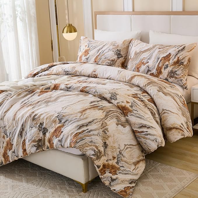 100% Cotton Comforter Set Queen Size 3 Pcs Taupe Marble Bedding Modern Simple Abstract Theme Soft Breathable