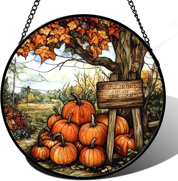 Stained Glass Window Hanging Fall Farm Scenery Maple Trees Pumpkin Large 15" - Suncatcher Door Garden Kitchen Sun Catcher Autumn Decor Birthday for Mom Nana Men Woman Friend