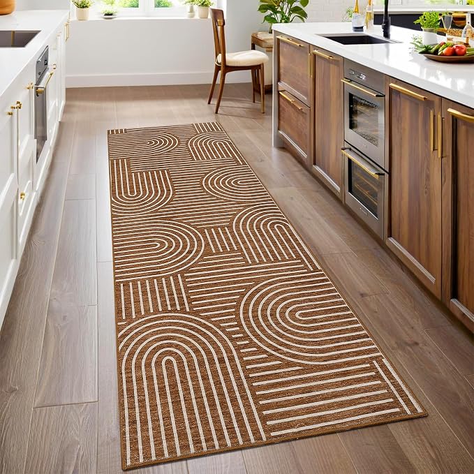 Washable Brown Runner Rug 2x6 Non Slip Bathroom Rugs Non Shedding Abstract Lines Runners for Hallway Low Pile Kitchen Rugs Soft Bedside Rug Runner for Kitchen Hallway Entryway, Brown