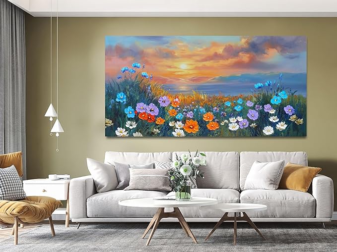 Ardemy Landscape Wall Art for Living Room Extra Large Wildflower Pictures Wall Decor Coastal Sunset Floral Canvas Textured Bedroom Flower Paintings Artwork Home Office, 58"x29"