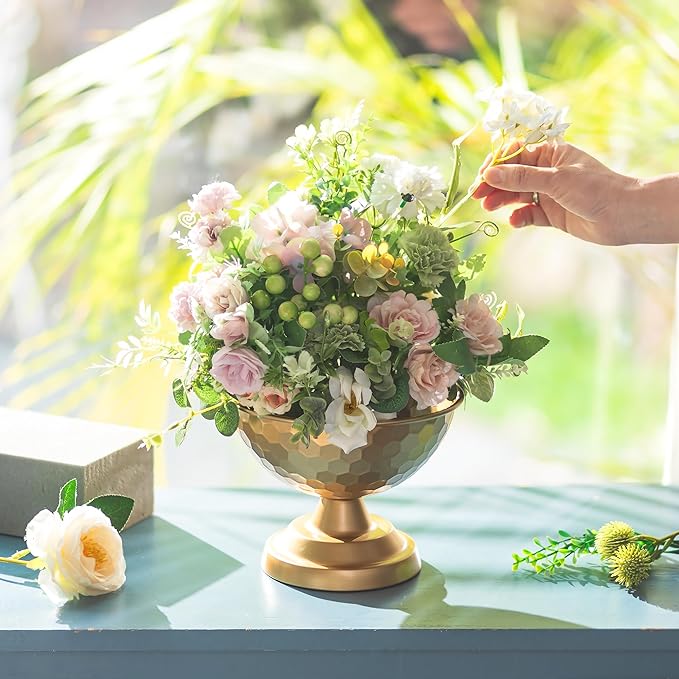 Sziqiqi Urn Vase Gold Centrepiece: 5.5in Small Vases for Wedding Table Decorations - Metal Flower Arrangement Pots Set of 10 - Vintage Honeycomb Vase for Party Reception Dinner Table
