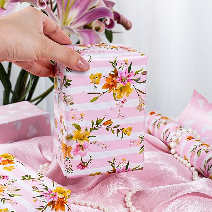 Burymento Pink Striped Flower Wrapping Paper, Reversible Pink Love Design Gift Wrap for Baby Shower, Birthday, Valentines, Mothers day, Graduation, Wedding, Fathers day, Christmas (17 Inch X 32.8 Feet)