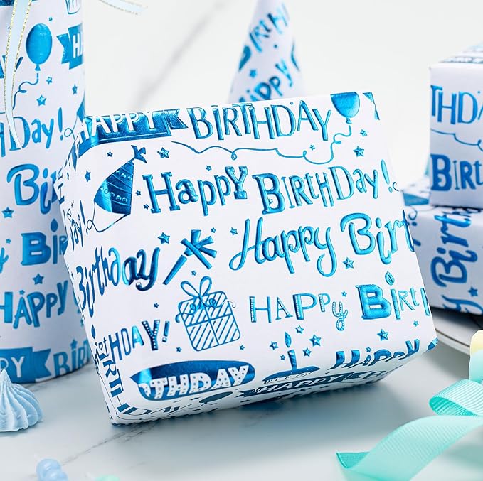 Homeral Blue Birthday Wrapping Paper Roll - 3D Embossed Blue Foil Metallic Shine Gift Wrap Paper for Boy Birthday, Baby Shower, Party - Mini Roll - 17 Inch x 33 Feet