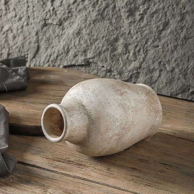 Handmade Rustic Ceramic Decorative vase, 8.3 x 5.5 inches, Off-White, Handcrafted in Vintage Style, Complements Rustic, Country, and Various Decor Themes.