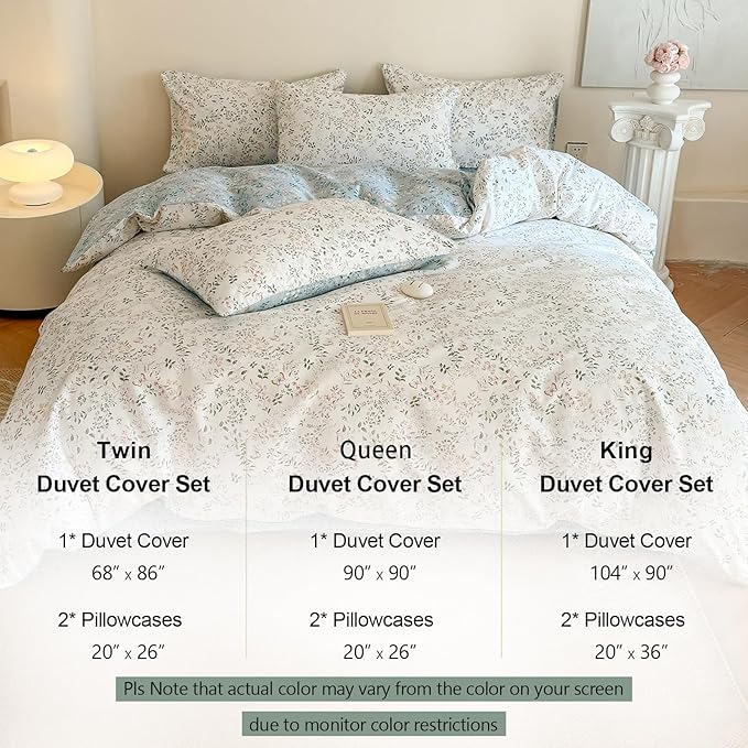 EAVD Garden Vibrant Floral Duvet Cover Full White Soft 100% Cotton Chic Shabby Spring Floral Bedding Set with 2 Pillowcases Reversible Botanical Print Duvet Cover with Zipper Closure