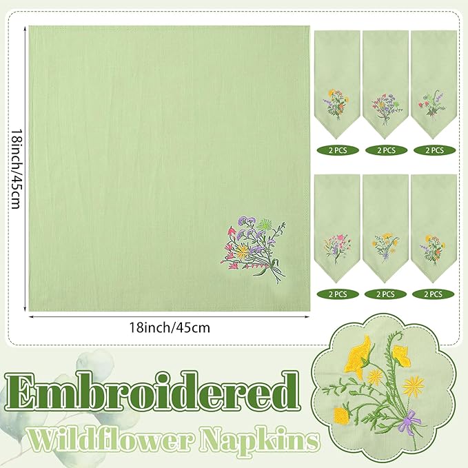 Tioncy 12 Pcs Christmas Floral Cloth Napkins Decorations Bulk Embroidered Wildflower Dinner Napkins Tea Cocktail Party Gifts Xmas Stocking Stuffers for Holiday Table Decor (Sage Green)