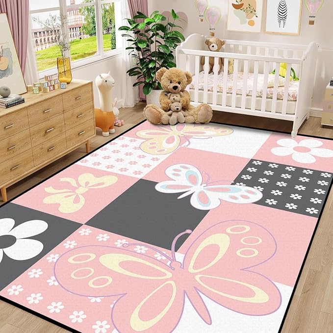4'x6' Butterfly Area Rug Pink Butterfly Checkered Rugs for Bedroom Living Room Nursery Kitchen Playroom Home Decor Cute Flower Carpet Washable Non Slip Floor Mat