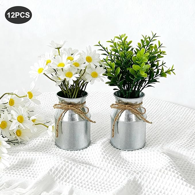 Flower Vase Decor, Farmhouse Metal Galvanized Milk Can Jug Vase with Bow, Flower Buckets for Artificial Flowers for Table Centerpiece Weddings(Silver)