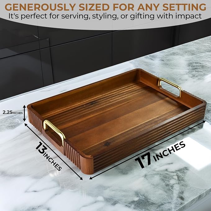 Acacia Wood Serving Tray with Metal Handles, 17x13in, Decorative Coffee Table Tray & Ottoman Tray, Anti-Slip Pads, Dark Wood Tray for Breakfast in Bed, Bar Tray, Gift Box