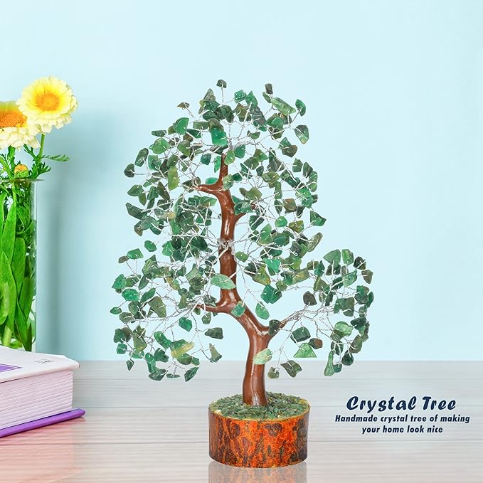 Healing Crystal Money Trees Feng Shui Gift Handmade Reiki Crystals & Stone Home Office Table Décor Good Luck Throat Chakras (Green Aventurine Silver Wire)