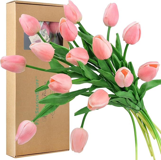 FiveSeasonStuff Real Touch Tulips Artificial Flowers – 15 Stems Faux Tulip Bouquet in Gift Box for Wedding, Home Decor, Party, Floral Arrangements (Amaranth Pink)