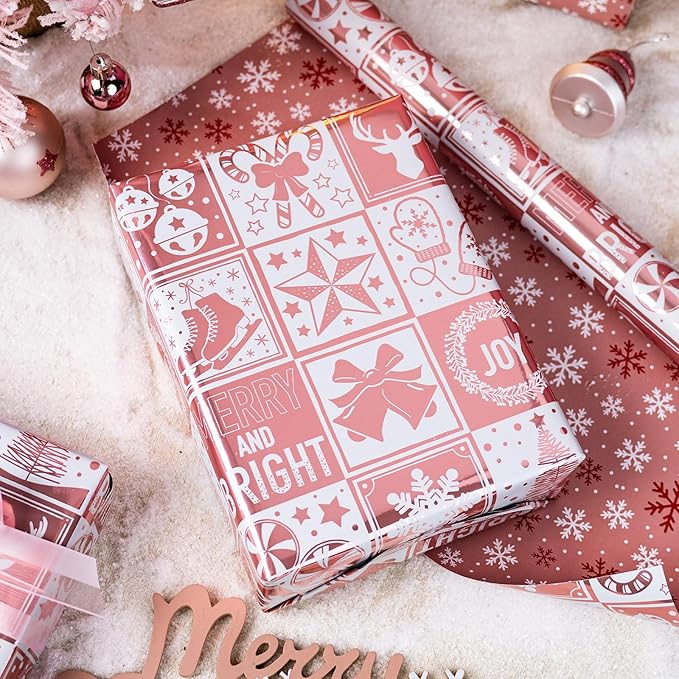 MAYPLUSS Christmas Wrapping Paper Roll, 17 Inch X 16.5 Feet Gift Wrapping Paper Featuring Gold Rose Deer Cane Candy Bell Gloves Reversible Snowflake, Thick Wrap Paper for Holiday Party New Year Kids