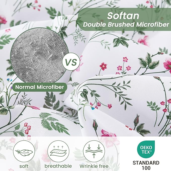 Softan Vintage Queen Bed Sheets, Cozy Microfiber Flower Printed Sheets with 15" Deep Pocket Fitted Sheet & Non-Slip Straps, Patterned Botanical Wildflower Sheets & Pillowcase Set