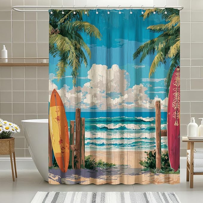 Coastal Surfboard Shower Curtain Tropical Palm Tree Shower Curtains for Bathroom Waterproof Fabric Bath Curtain Decor with Hooks