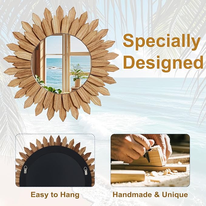 Boho Wood Sunburst Round Wall Mirror, 20 Inch Rustic Circle Wooden Frame Decorative Mirror for Farmhouse Coastal Home, Home Wall Decor for Living Room Entryway Bedroom, Light Wood