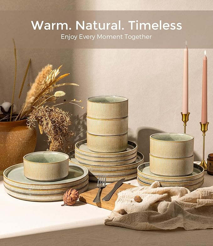 GBHOME 12-Piece Stoneware Dinnerware Set for 4 – Ribbed Ceramic Plates and Bowls, Scratch-Resistant, Microwave & Dishwasher Safe, Reactive Glaze, Desert Sage