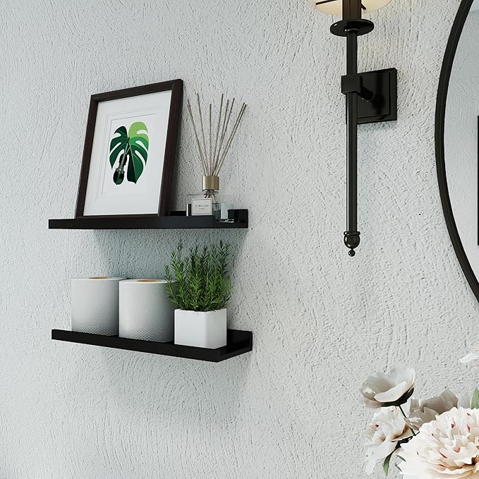 Black Floating Shelves for Wall Decor, Wall Mounted Wood Storage Shelf for Bedroom, Living Room, Bathroom, Kitchen, Nursery, Display Picture Ledge Shelf with Lip Set of 2-16 Inches, Black