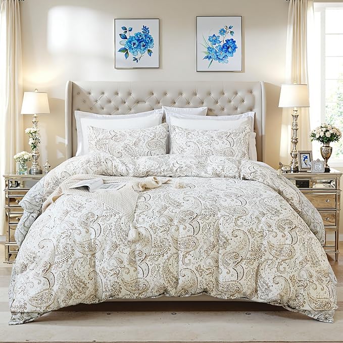 100% Cotton Duvet Cover Queen Size- 3 Pcs Grey Paisley Comforter Cover, Soft & Breathable Floral Bedding Duvet Cover Sets with Zipper Closure for All Season
