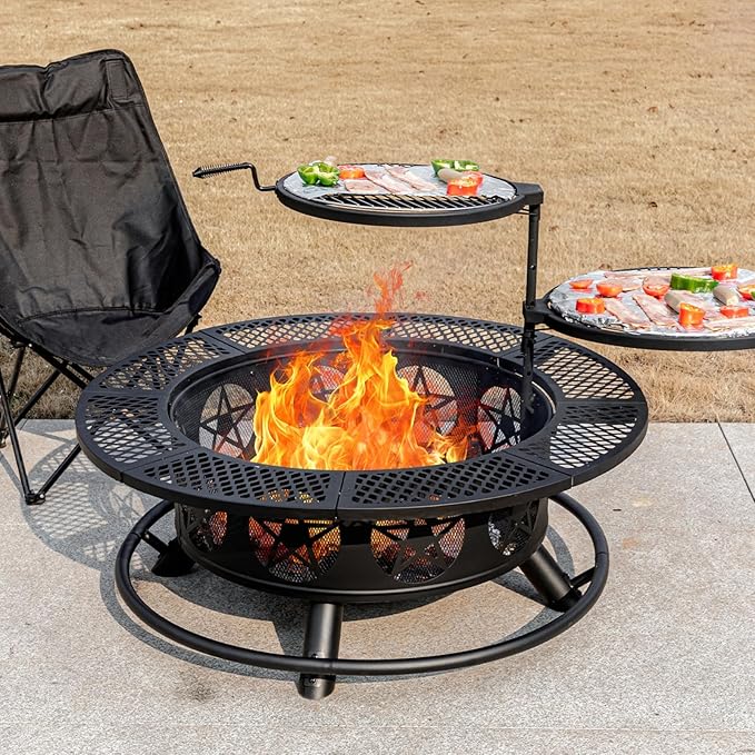 OutVue 36 Inch Fire Pit with 2 Grills, Wood Burning Fire Pits for Outside with Lid & Poker, BBQ& Outdoor Firepit & Round Metal Table 3 in 1 for Patio, Picnic, Party