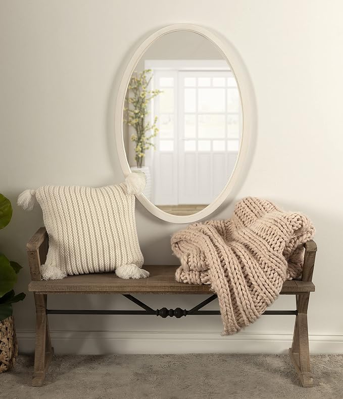 Kate and Laurel Hogan Farmhouse Oval Wall Mirror; 24 x 36; Rustic White; Sophisticated Coastal Mirror for Wall