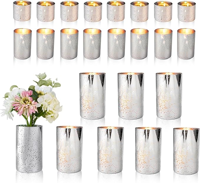 CHILL RECIPE Silver Cylinder Vases Glass Candle Holders Bulk, Mercury Hurricane Candle Holder Small Flower Vases for Centerpieces Tea Light Pillar Votive Candles Wedding Decor Party (8 Set 24Pcs)