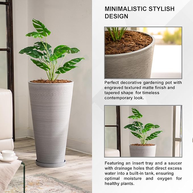 XBrand Modern 28-Inch Tall Round Planter, Modern Tapered Planter Perfect for Indoor & Outdoor Planter, Patio Décor, Set of 2, Gray