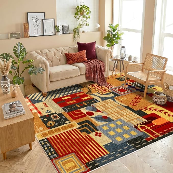 Washable 4x6 Vintage Patchwork Area Rug, Boho Tribal Geometric Colorful Rugs for Living Room, Non-Slip Low Pile Indoor Carpet, Vintage Rustic Rug for Dining Room Bedroom Office Entryway Decor