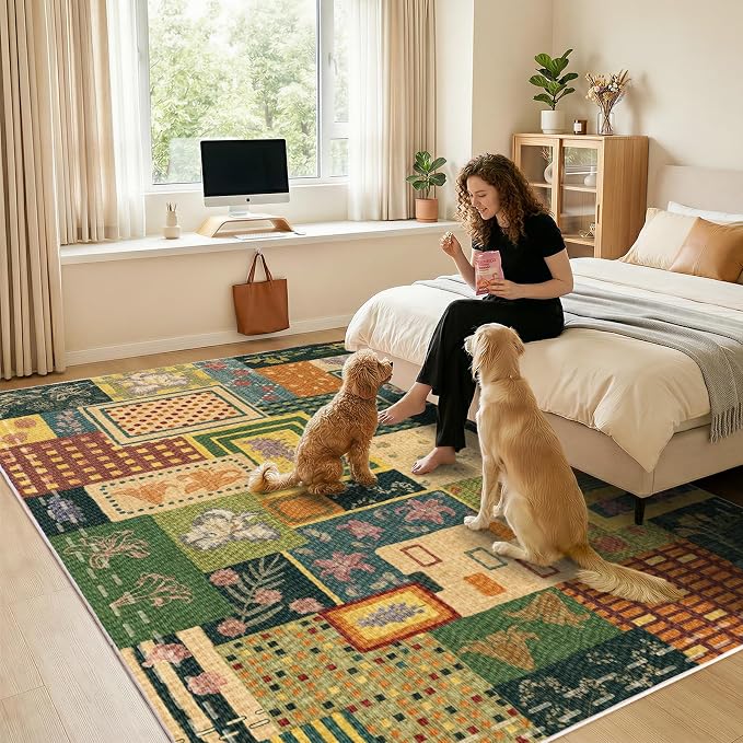 Patchwork Floral Area Rugs for Living Room, Washable 4x6 Abstract Green Soft Rug for Bedroom, Upgraded Non-Slip Durable Throw Carpet, Aesthetic Indoor Rug for Dining Room Office Home Hardwood Floor