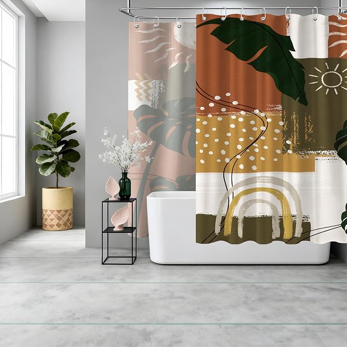 Extra Long Shower Curtain Extra Tall Mid Century Modern XL Abstract Tropical Leaf Shower Curtains for Large Bathroom Decor Sets, Waterproof Cloth Fabric with Hooks, 108x72 Inch