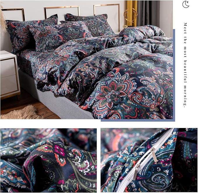 VM VOUGEMARKET Paisley Bedding Sets 3Pcs Brushed Cotton Duvet Cover Set King Size Rustic Damask Stormy Blue Floral Comforter Cover with Zipper Closure Boho Bedding Collections