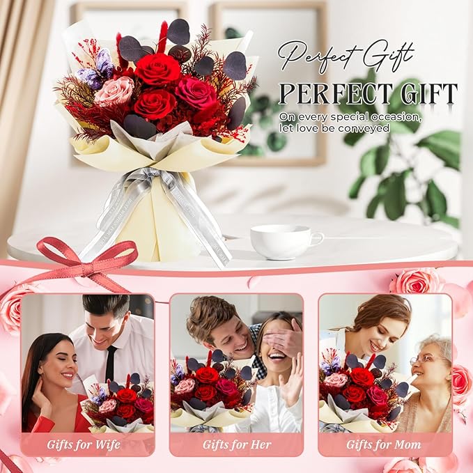 Preserved Flowers Bouquet Roses with Vases,Real Birthday Flowers for Delivery Prime,Forever Glitter Rose Bouquets Kit,Handmade Eternal Rosas Butterfly Gifts for Mom Birthday Women Girl (Red)