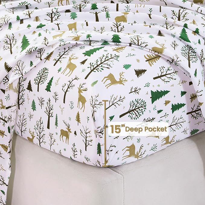 Softan Christmas Holiday Queen Size Sheet Set, Printed Microfiber Fitted Bed Sheet with 15" Deep Pocket & Non-Slip Straps, Forest Deer Patterned Sheets & Pillowcase Set