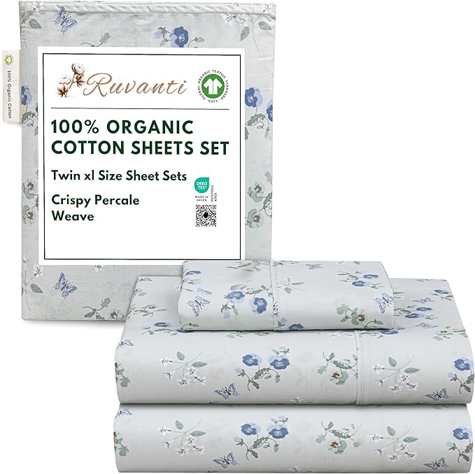 RUVANTI 100% Organic Cotton Sheets Twin XL, Percale Weave, GOTS Certified, 3-Piece Set, Deep Pocket 15", Crisp & Breathable, Soft Durable Bedding, Sábanas Algodón Orgánico – Butter Flight