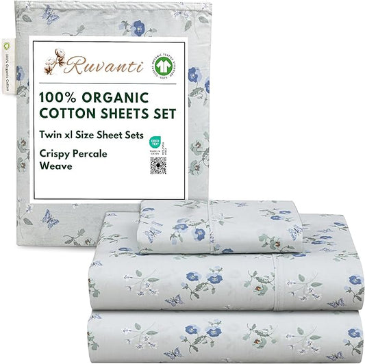 RUVANTI 100% Organic Cotton Sheets Twin XL, Percale Weave, GOTS Certified, 3-Piece Set, Deep Pocket 15", Crisp & Breathable, Soft Durable Bedding, Sábanas Algodón Orgánico – Butter Flight