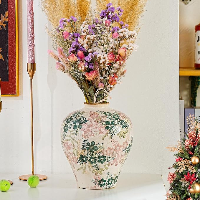 Sungmor Vintage Ceramic Flower Vase - 9.4 Inch Retro Ice Cracked Glaze Chinoiserie Vase, Rustic Farmhouse Home Décor Accent for Dried Flowers, Greenery - Table Centerpieces, Shelf, Mantel Decor