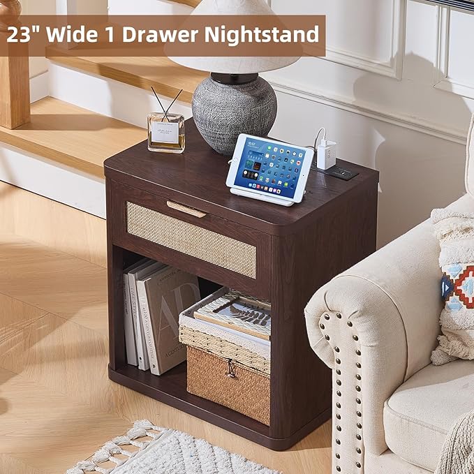 LEYAOYAO Rattan Nightstands Set of 2 with Charging Station, 23" Wide Boho Night Stand with Drawer, Walnut Bedside Table Open Cabinet, Bed Side End Table Dresser for Bedroom, Living Room, Hallway