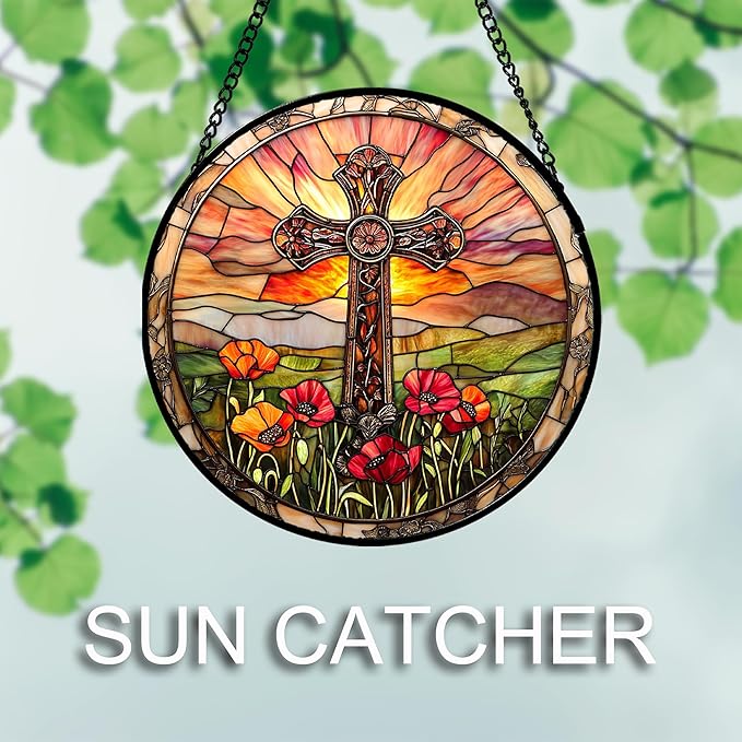 Christian Gifts for Women - Cross Stained Glass Window Hanging Jesus Easter Poppy Sunset Landscape Sun Catcher Garden Religion Decor Mother's Day Catholic Gift for Men Grandma Mom Her 6.3"