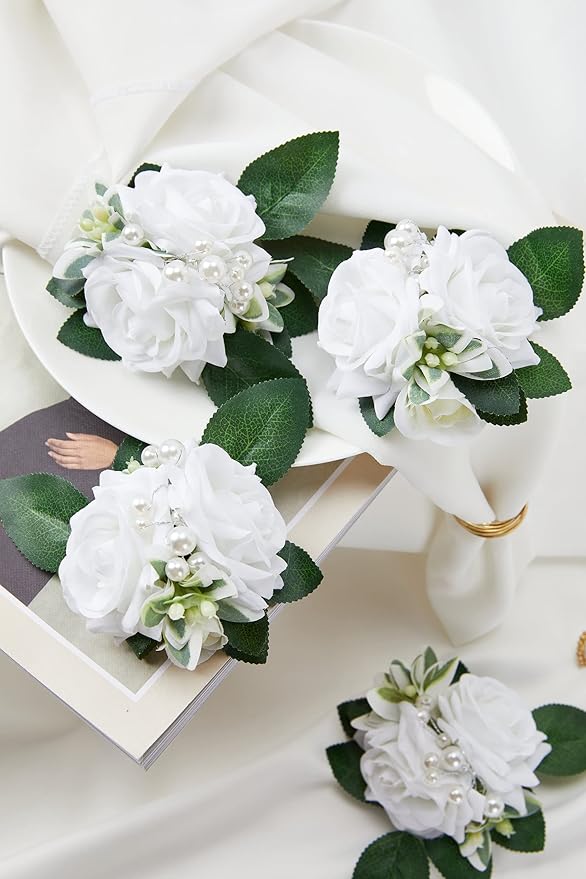 Meldel Boutonniere for Men Wedding Floral Shoulder Corsages, Set of 2,Groomsmen White Artificial Boutonnieres for Men Wedding Prom Best Man Corsage, Bride Bridal Bridesmaid Girl Prom Shoulder Flowers