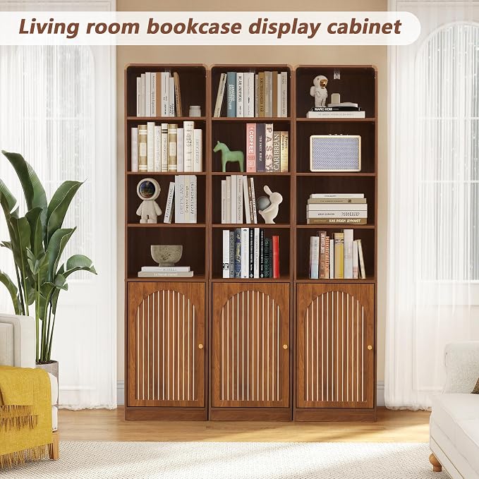 67" Tall Slim Bathroom Storage Cabinet, Narrow Bathroom Towel Cabinet with Arched Door and Adjustable Shelves, Mid Century Modern Laundry Room Organization for Small Space, Kitchen, Living Room,Walnut