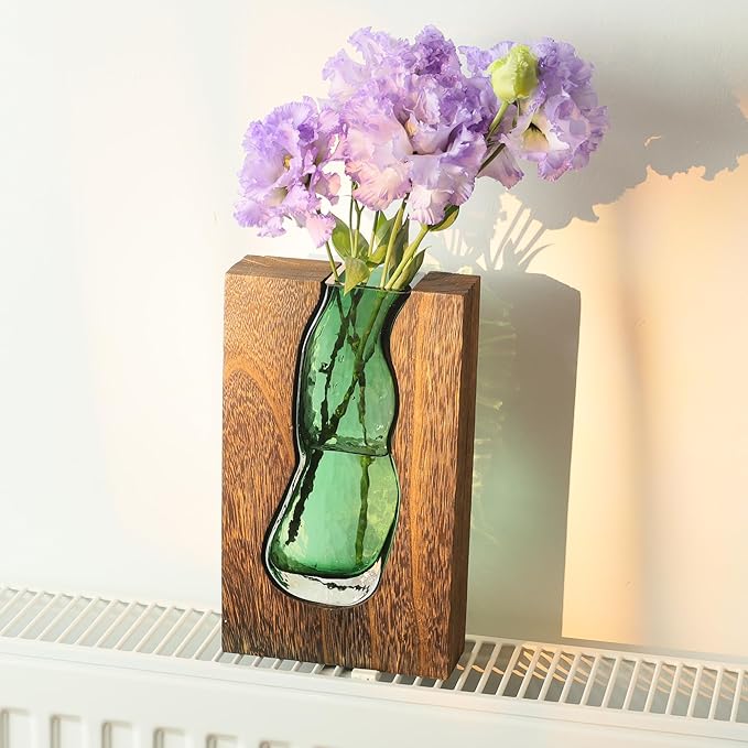 Wood and Glass Inlay Vases Farmhouse Wooden Glass Flower Vase Solid Wood Glass Vase Home Decor Vases for Centerpiece (9.45 Inches)