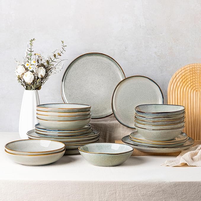 AmorArc Ceramic Dinnerware Sets,Handmade Reactive Glaze Stoneware Plates and Bowls Sets,Highly Scratch Resistant | Dishwasher & Microwave Safe Dishes Set,Service for 6 (24pc)