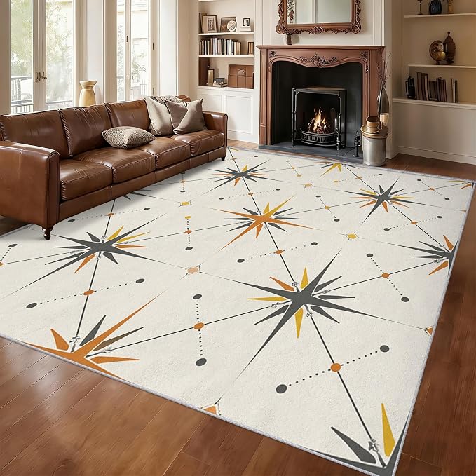 Atomic Rugs for Bedroom 5x6 ft, Mid Century Modern Area Rugs for Living Room, Washable Non Slip Low Pile Starburst Carpet, Home Decor PF-P 107