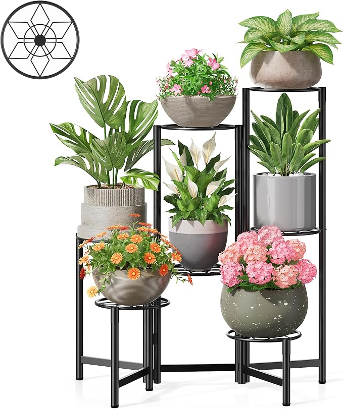 7 Tier Metal Patio Plant Stand Outdoor, Heavy Duty Flower Stands for Indoor Plants, Floding Tall Corner Shelf for Diaplay Racks for Home Decor, Graden, Balcony -BlackDiamond