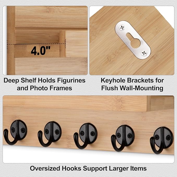 Lwenki Key Holder Wall Mount, Entryway Key and Mail Holder with 7 Sturdy Hooks for Sunglasses, Dog Leash, Decorative Wall Shelf with Mounting Hardware, 15”W x 6.7”H x 4.2”D (Wood)